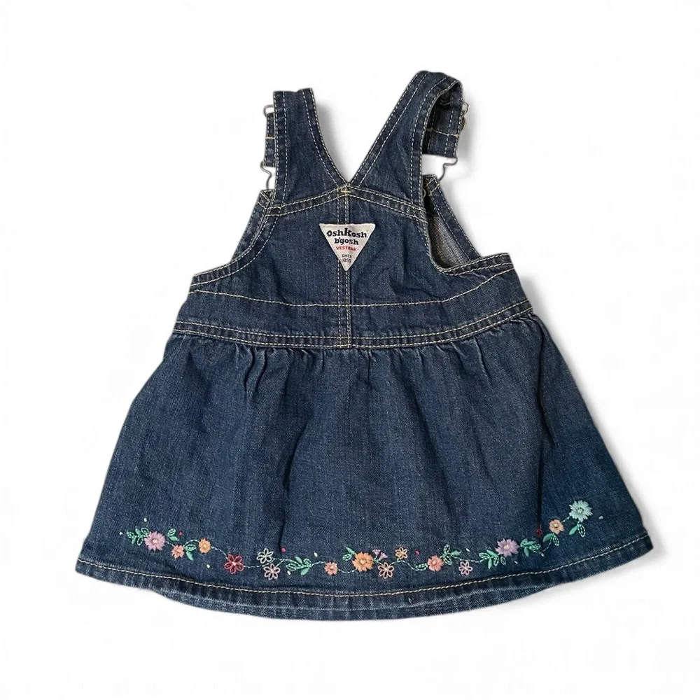 OshKosh B'gosh y2k Vintage Denim Skirtall Jumper Dress with Floral Details 9M - Picture 2 of 6